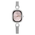 Close-up of elegant women's watch featuring a diamond-encrusted bezel and a pink shell dial - Four-Diamond Pink