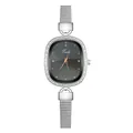 Close-up of elegant women's watch with rhinestone bezel and silver Milanese mesh strap - Four-Diamond Black
