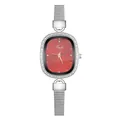 Close-up of the silver mesh strap and rhinestone-encrusted oval case on the quartz watch - Four-Diamond Red
