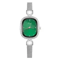 Elegant emerald green oval dial watch with silver mesh band and diamond-encrusted bezel - Four-Diamond Green
