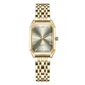 Detailed close-up of a gold octagonal quartz watch with sunburst grey dial and chain link strap - Gold White
