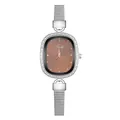 Detail of the oval brown dial with Tidi logo and sparkling zircon-set bezel on silver watch - Four-Diamond Brown