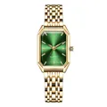 Close-up of emerald green sunburst dial and gold steel watch band for women - Gold Green
