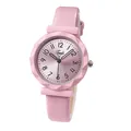 Detalle de reloj de cuarzo rosa con caja geométrica tallada en diamante y correa de piel - Correa de Cuero Rosa