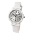 Detalle del reloj de cuarzo Tadi con bisel dentado blanco y esfera plateada con efecto rayo de sol - Correa de Cuero Blanca