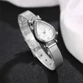 Detail of silver water-drop watch case with sparkling rhinestones and mesh band - Diamond Face White