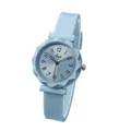 Detail shot of a light blue Tadi watch featuring a gear-edge case and sunburst dial - Blue Silicone Strap