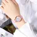 Macro shot of a pink gradient watch dial with rose gold case on a woman's wrist - Grid Leather Strap (Tadi) / Purple