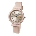Pink quartz watch for women with gear-edge bezel and minimalist leather strap - Khaki Leather Strap