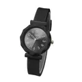 Close-up of black quartz watch with gear bezel and charcoal sunray dial on white background - Black Silicone Strap