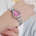 Teardrop quartz watch with rhinestone bezel and pink marble dial on Milanese mesh band - Number Red