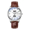 Detailed close-up of a men's quartz watch with brown leather strap and white dial - White Face Brown Strap