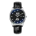 Detail of MODIYA quartz watch featuring a black dial with bold silver numbers and leather strap - Black Face Black Strap