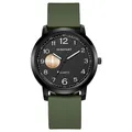 Detail view of the matte black case and olive green silicone strap on this quartz watch - Army Green