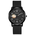 Macro detail of black quartz watch face with silver hands and soft silicone strap - Black