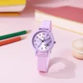 Close-up of purple student watch with butterfly dial and matching silicone strap - Purple Silicone Strap