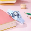 Detail view of a light blue student quartz watch with butterfly dial in a cute setup - Blue Silicone Strap