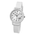 Detailed view of white quartz watch with butterfly pattern and Arabic numeral dial - White Silicone Strap