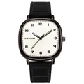Close-up of minimalist white dial with Arabic numerals and black matte quartz watch case - Black