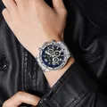 Business style men's quartz watch with silver steel band and blue chronograph dial - Silver Black
