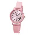 Detail of pink quartz watch with butterfly dial design and Arabic numerals - Pink Silicone Strap