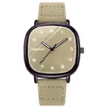 Macro detail of quartz watch with khaki leather strap and square champagne gold dial - Khaki