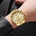 Close-up of golden Ganwa chronograph watch worn with a stylish black leather jacket - Full Gold Color