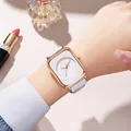 Minimalist rectangular rose gold quartz watch with white silicone strap for women - White
