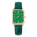Detalle de reloj rectangular de oro rosa con esfera verde y correa de cuero elegante - Romano Cepillado Verde