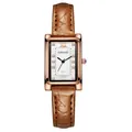 Detail of square rose gold watch with brown leather strap and crystal hour markers - Women's Brown Strap (No Eye)