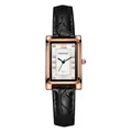 Detailed close-up of a square rose gold watch dial with Roman numerals and rhinestones - Women's Black Strap (No Eye)