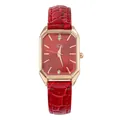 Primer plano de un reloj vintage rectangular con esfera roja y correa de cuero - Tres Diamantes Rojo
