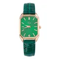 Detalle de caja de reloj oro rosa con esfera verde esmeralda y correa de cuero - Tres Diamantes Verde