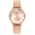 Detailed view of rose gold fashion watch with diamond markers and satin fabric strap - Khaki