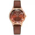 Detail showing women's watch with rose gold case and brown diamond-cut glass dial face - Brown