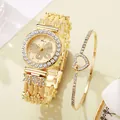 Elegantes Set aus goldener Quarzuhr mit Schmetterlings-Zifferblatt und Herz-Armband - Schmetterling Uhr Und Armband Set