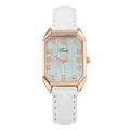 Detalle del reloj de cuarzo rectangular con caja de oro rosa y correa textura de cocodrilo - Número Cepillado Blanco