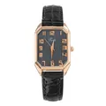 Primer plano de reloj rectangular vintage oro rosa con correa de cuero negro - Número Cepillado Negro