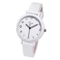 Vista detallada del reloj de cuarzo blanco minimalista con correa de cuero - Correa de Cuero Blanca