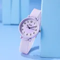 Close-up of a minimalist purple quartz watch with silicone strap and numeric dial - Purple Silicone Strap