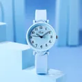 Detailed view of sky blue women watch with Arabic numerals and heart-shaped second hand - Blue Silicone Strap