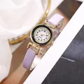 Elegant women's quartz watch with gold H-case, lilac leather strap, and diamond bezel - Light Purple