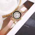 Elegant gold quartz watch for women with pink leather strap and diamond-encrusted bezel - Pink