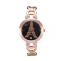 Rose gold Eiffel Tower watch with black dial and crystal markers on metal chain link strap - Rose Gold