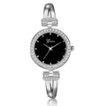 Elegant silver rhinestone women's bangle watch with black dial and crystal accents - Silver