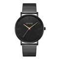 Minimalist Geneva mesh strap watch in black with rose gold accents on a white background - Black Case Black Dial Rose Gold Hands