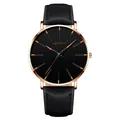 Orologio al quarzo classico minimalista con cinturino in pelle nera e cassa oro rosa - Rosa Arancione