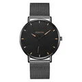 Detailed close-up of the black mesh strap and sleek watch face with rose gold markers - Black Case Orange Dial