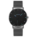 Detail of Geneva black mesh watch showing blue hour markers and minimalist dial finish - Black Case Blue Dial