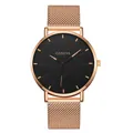 Detailed close-up of Geneva men's watch with rose gold mesh band and black dial - Rose Gold Case Orange Dial